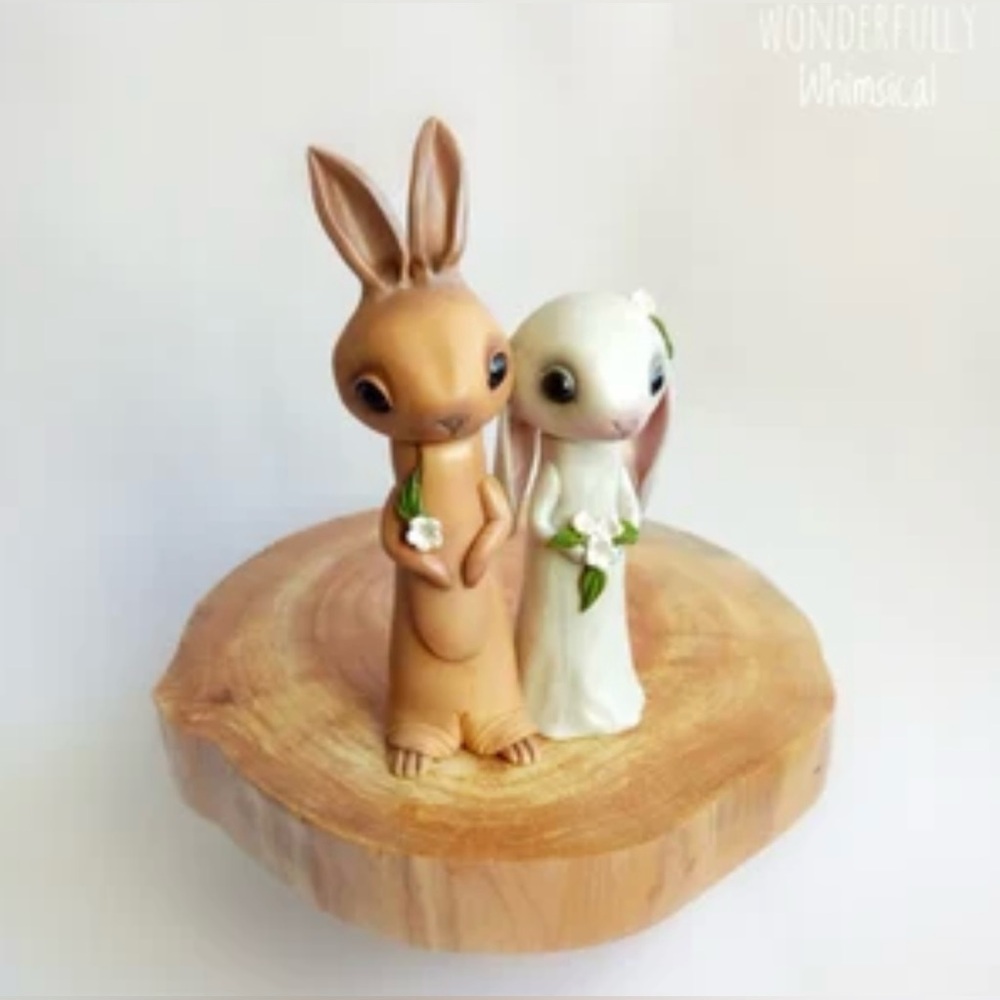 Bunny Rabbit Wedding Cake Topper Handmade Clay Keepsake Figurine Sculpture